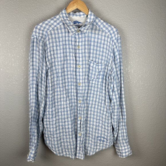 Tommy Bahama Mens Button Up Long Sleeve Shirt Large Blue White Check 100% Linen - Picture 1 of 8